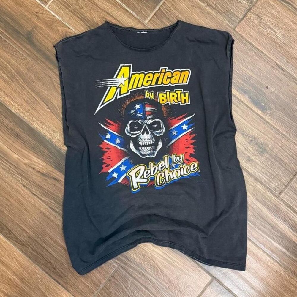 Vintage American by Birth Rebel by Choice Skull Cutoff Tee Black XL
